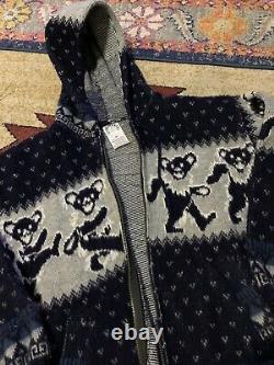 GRATEFUL DEAD Dancing Bears Zip-up Hooded Sweater Medium Grey Blue RARE Wool 12