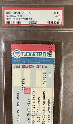 Rare 1977 GREATFUL DEAD PSA 9 Full Concert Ticket-Raceway Park New Jersey 9/3/77